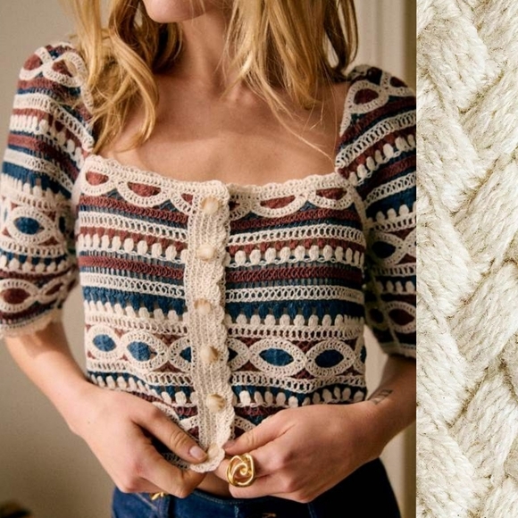 Sezane Tops - Sézane Breah Blouse - Ecru with Chestnut and Midnight Blue Stripes